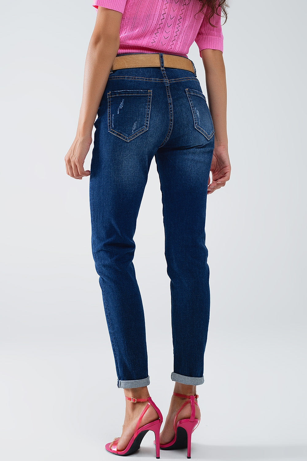 Distressed Dark Wash Super Skinny Jeans in Stretch Denim