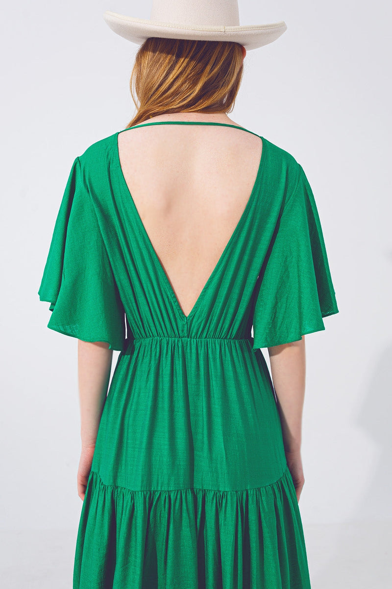 Smock v Neck Maxi Dress in Green