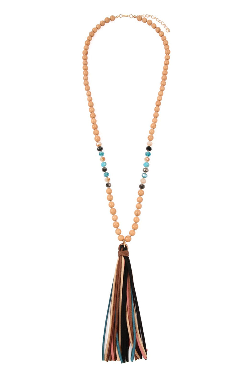 Hdn2238 - Colorful Natural Stone Glass Beads Leather Tassel Necklace