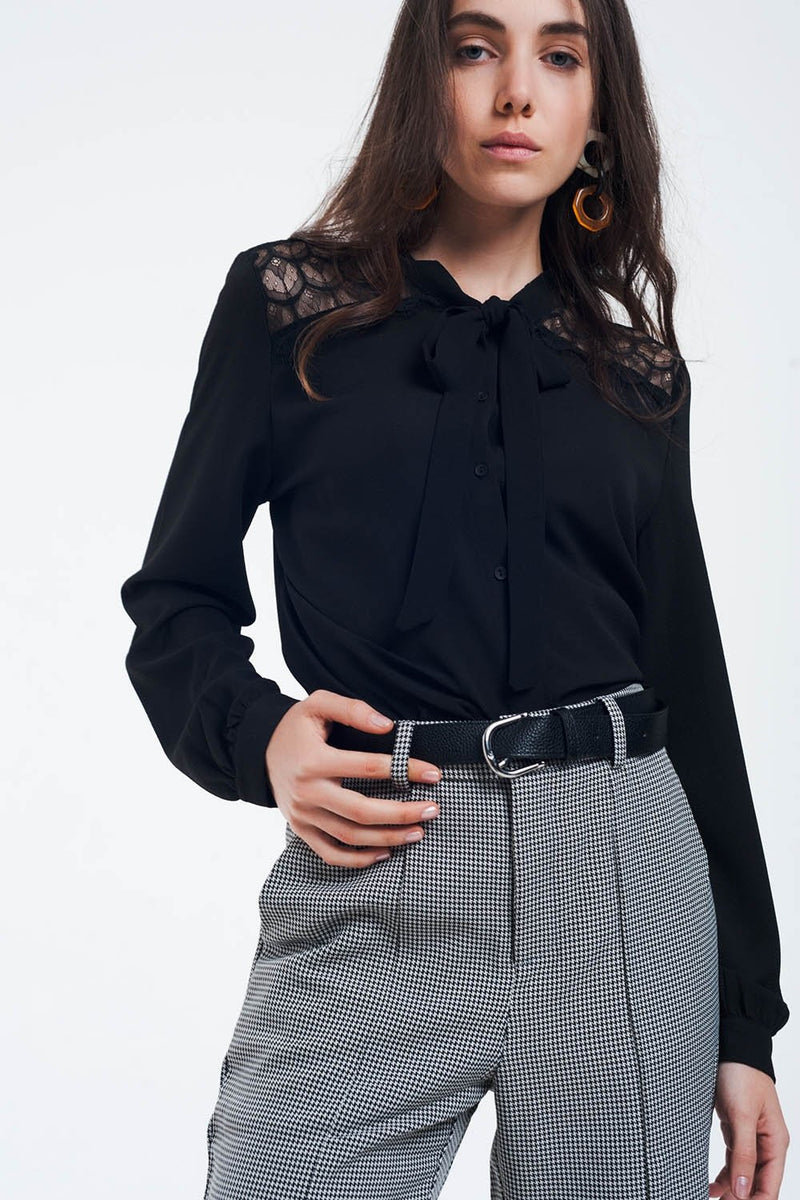 Black Button-Down Shirt With Lace Detail