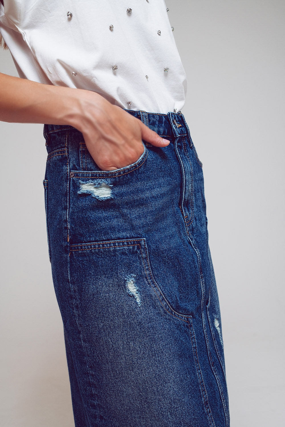 Maxi Pencil Denim Skirt With Panel Details in the Front