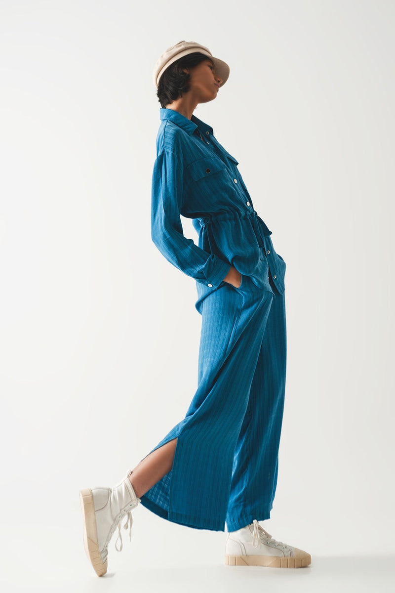 Wide Leg Drawstring Pants in Blue