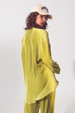 Relaxed Pleated Satin Shirt in Green