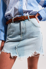 Denim Mini Skirt With Raw Hem in Light Wash Blue