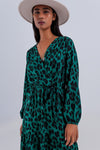 Tiered Maxi Wrap Dress With Long Sleeve in Green