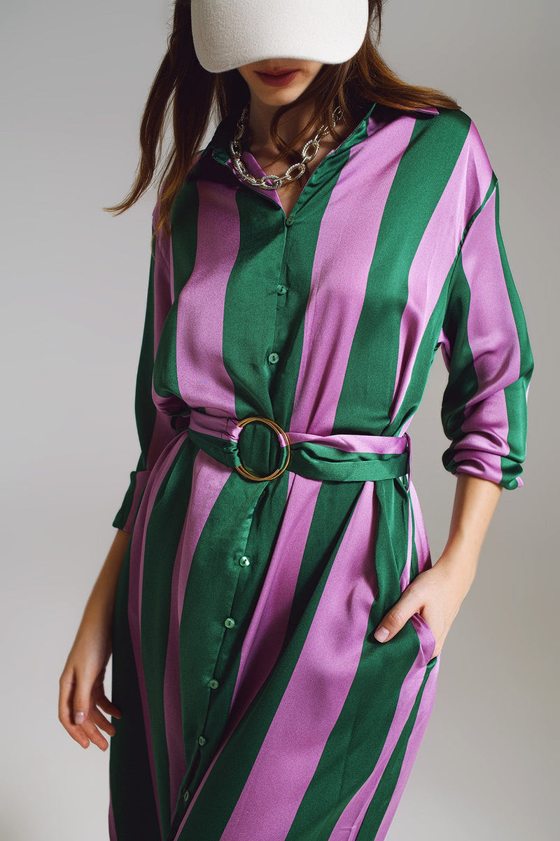 Midi Belted Shirt Dress in Lilac and Green Stripe