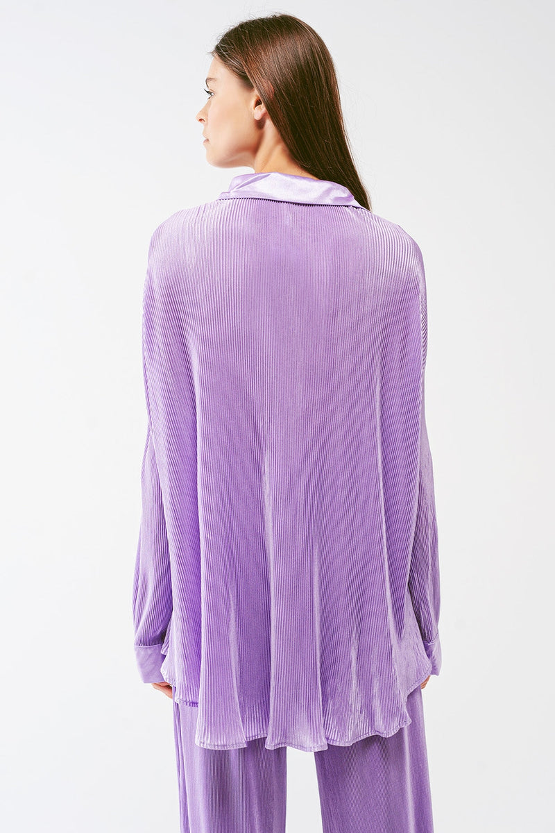 Relaxed Pleated Satin Shirt in Lilac