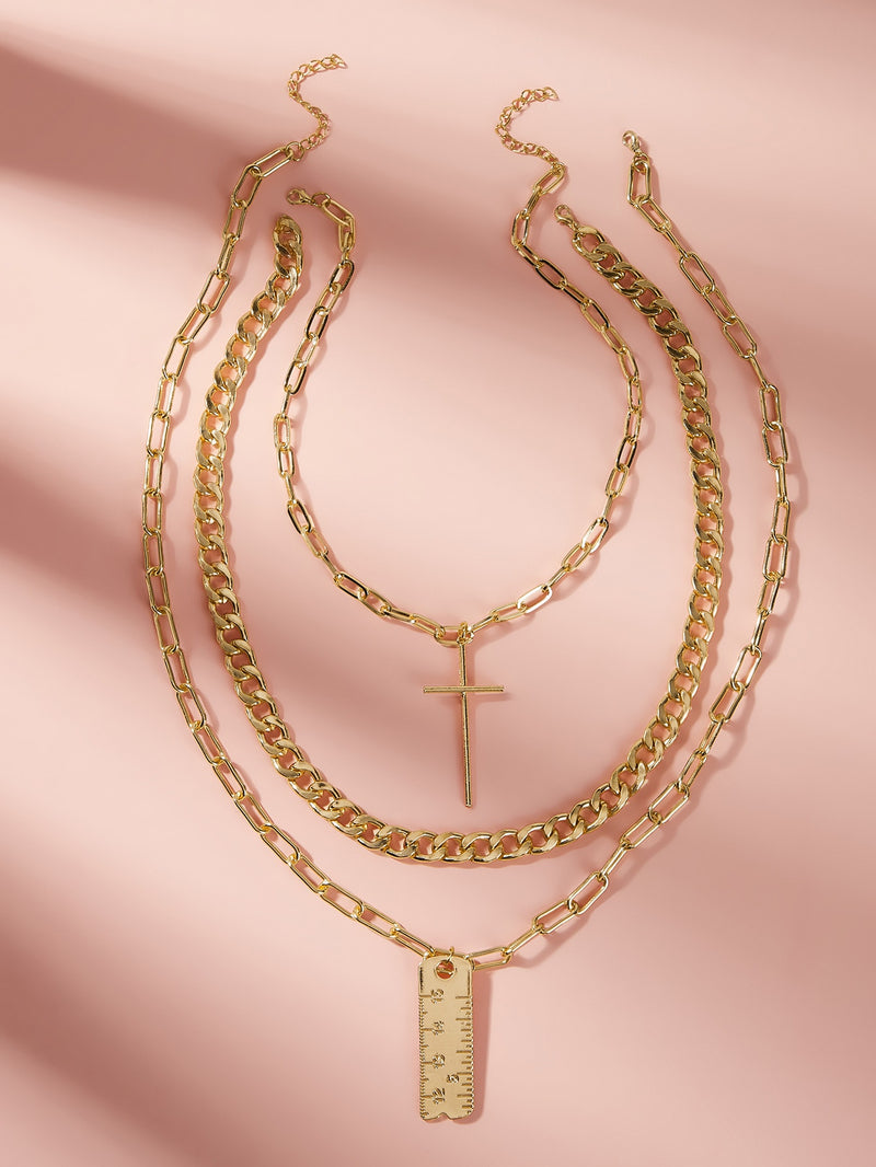 Cross & Ruler Charm Chain Necklace 3pcs