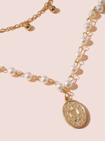 Coin Charm Faux Pearl Layered Necklace 1pc