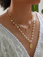 Coin Charm Faux Pearl Layered Necklace 1pc