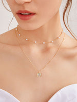 Faux Pearl & Rhinestone Charm Layered Necklace 1pc