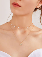 Faux Pearl & Rhinestone Charm Layered Necklace 1pc