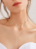 Faux Pearl & Rhinestone Charm Layered Necklace 1pc