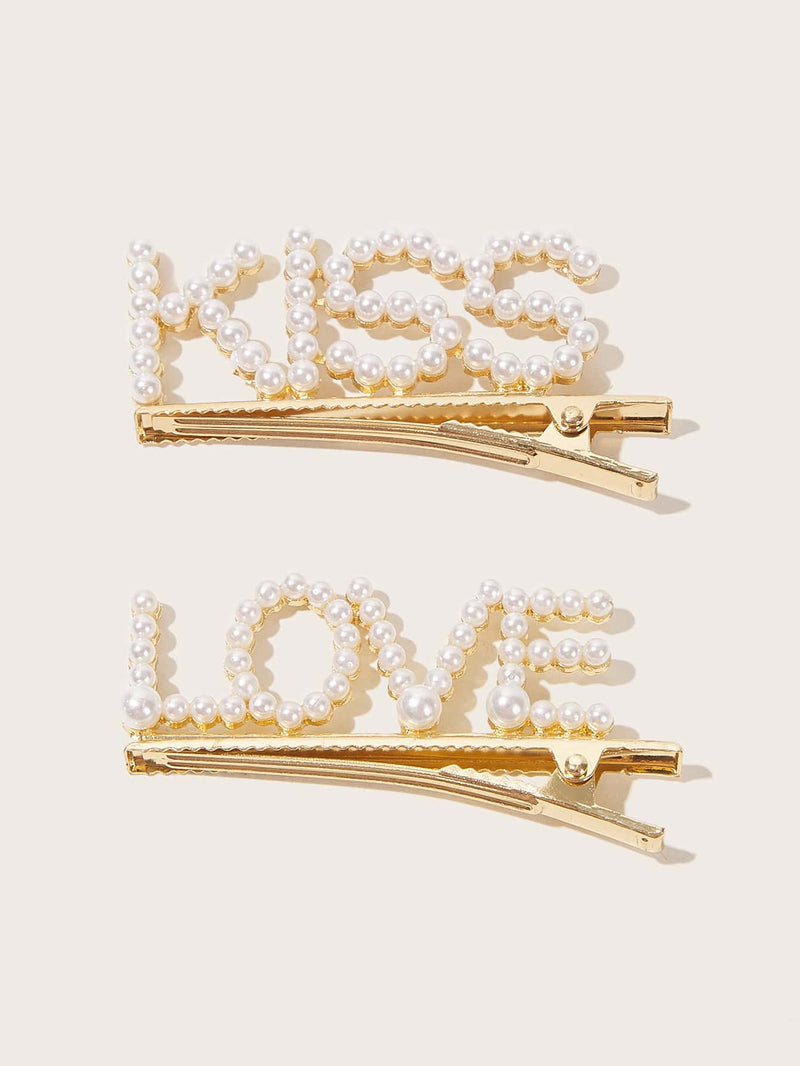 2pcs Faux Pearl Beaded Letter Design Hair Clip