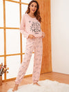 Letter & Cartoon Cat Print PJ Set