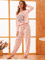 Letter & Cartoon Cat Print PJ Set