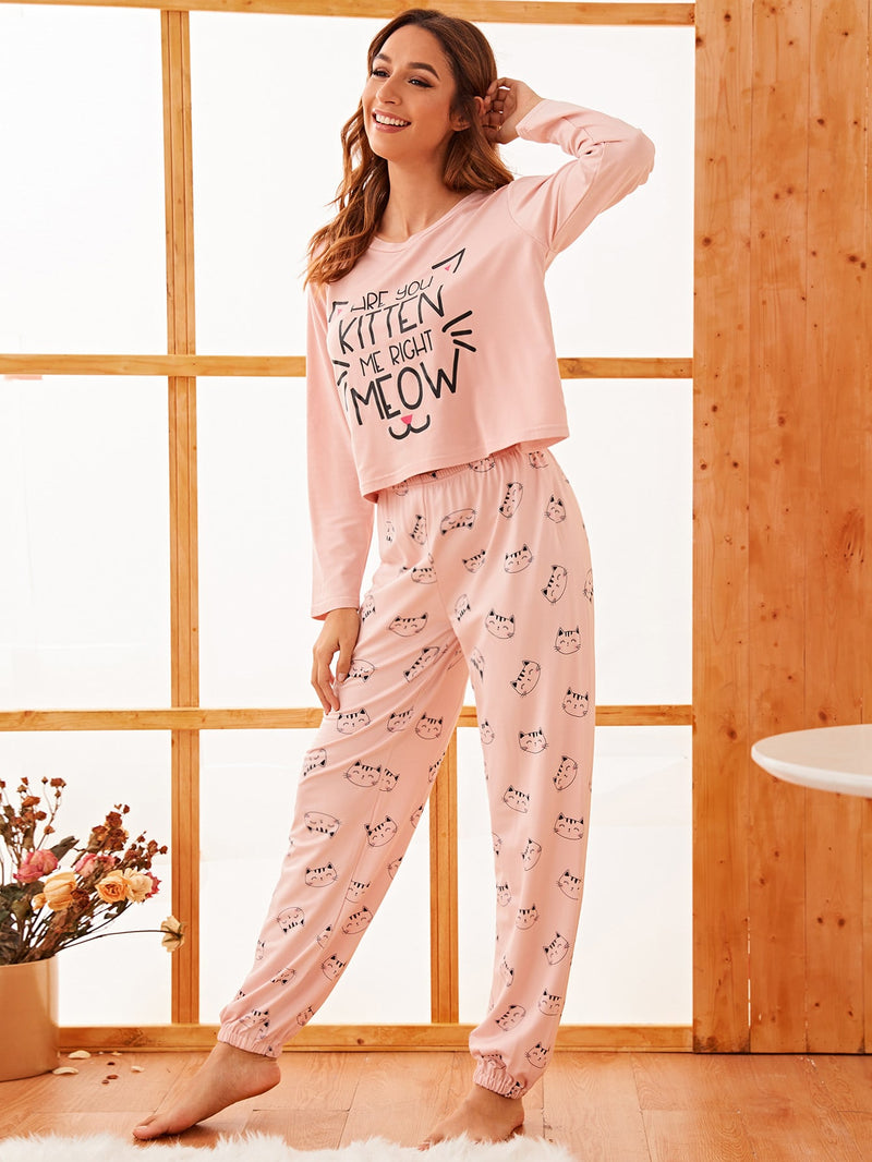 Letter & Cartoon Cat Print PJ Set