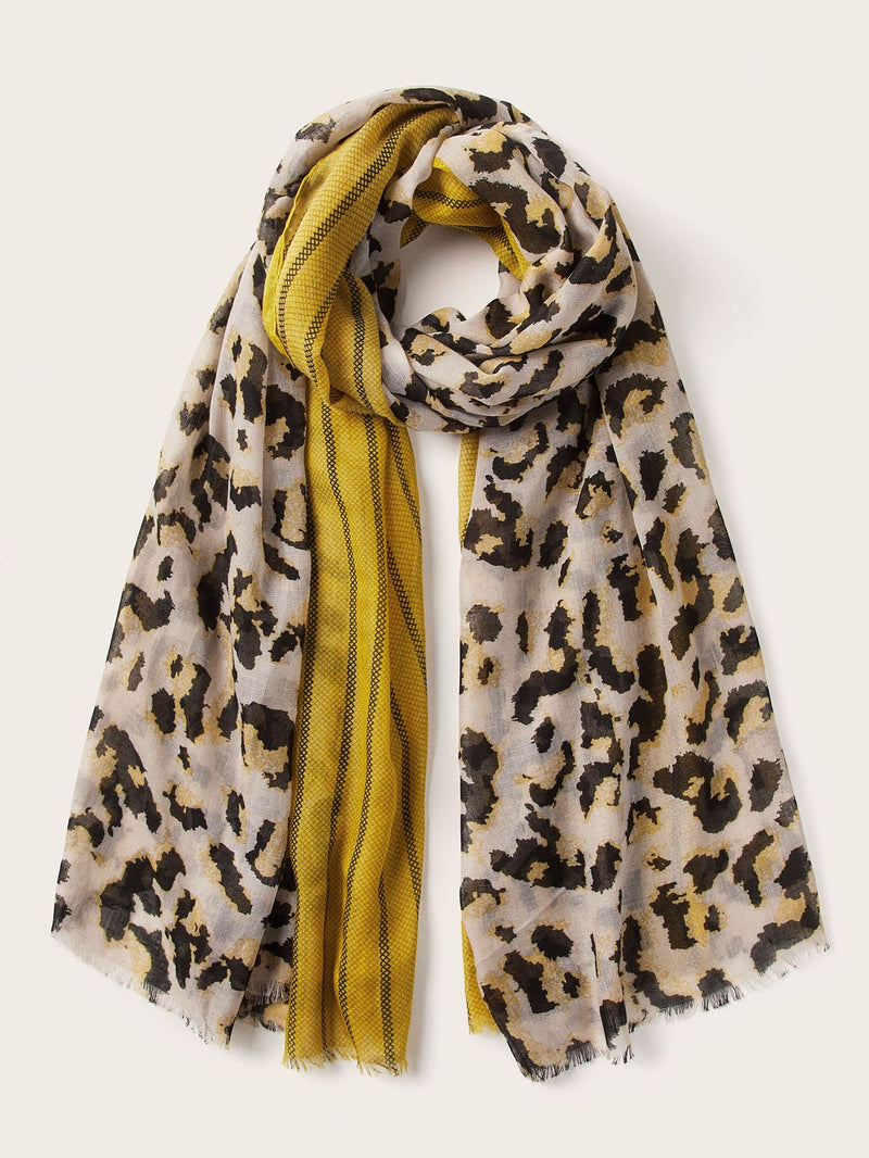 Leopard Pattern Raw Hem Scarf