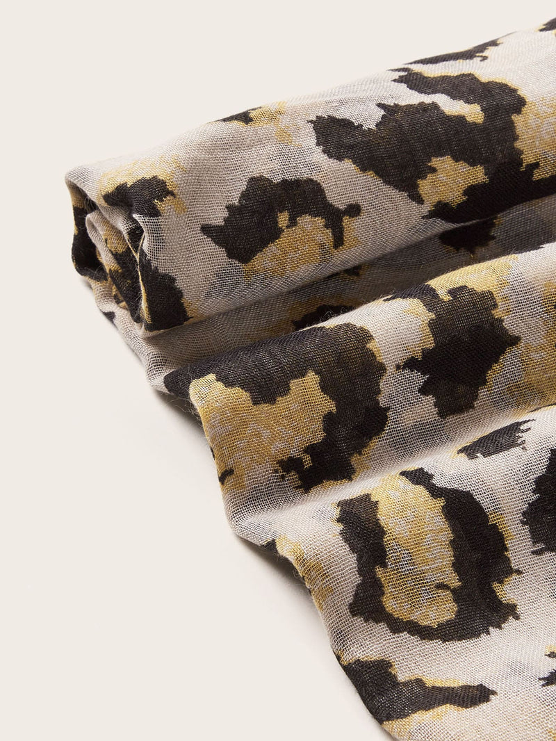 Leopard Pattern Raw Hem Scarf