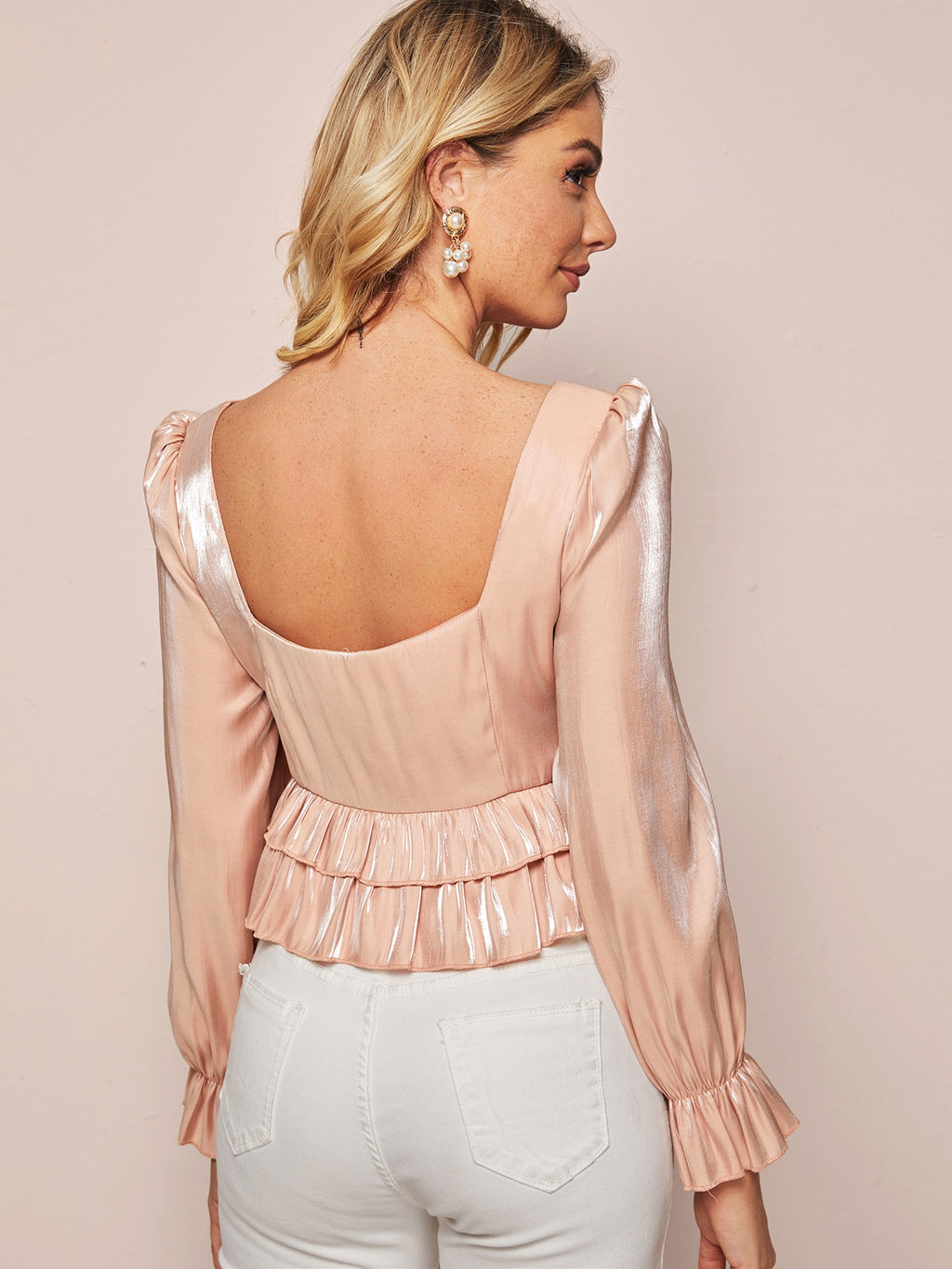 Sweetheart Neck Ruffle Hem Ruched Satin Blouse