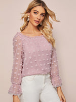 Swiss Dot Frill Contrast Mesh Blouse