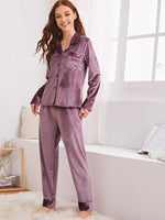 Button Front Pocket Detail Velvet PJ Set