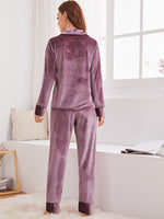 Button Front Pocket Detail Velvet PJ Set