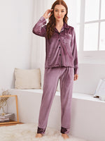 Button Front Pocket Detail Velvet PJ Set