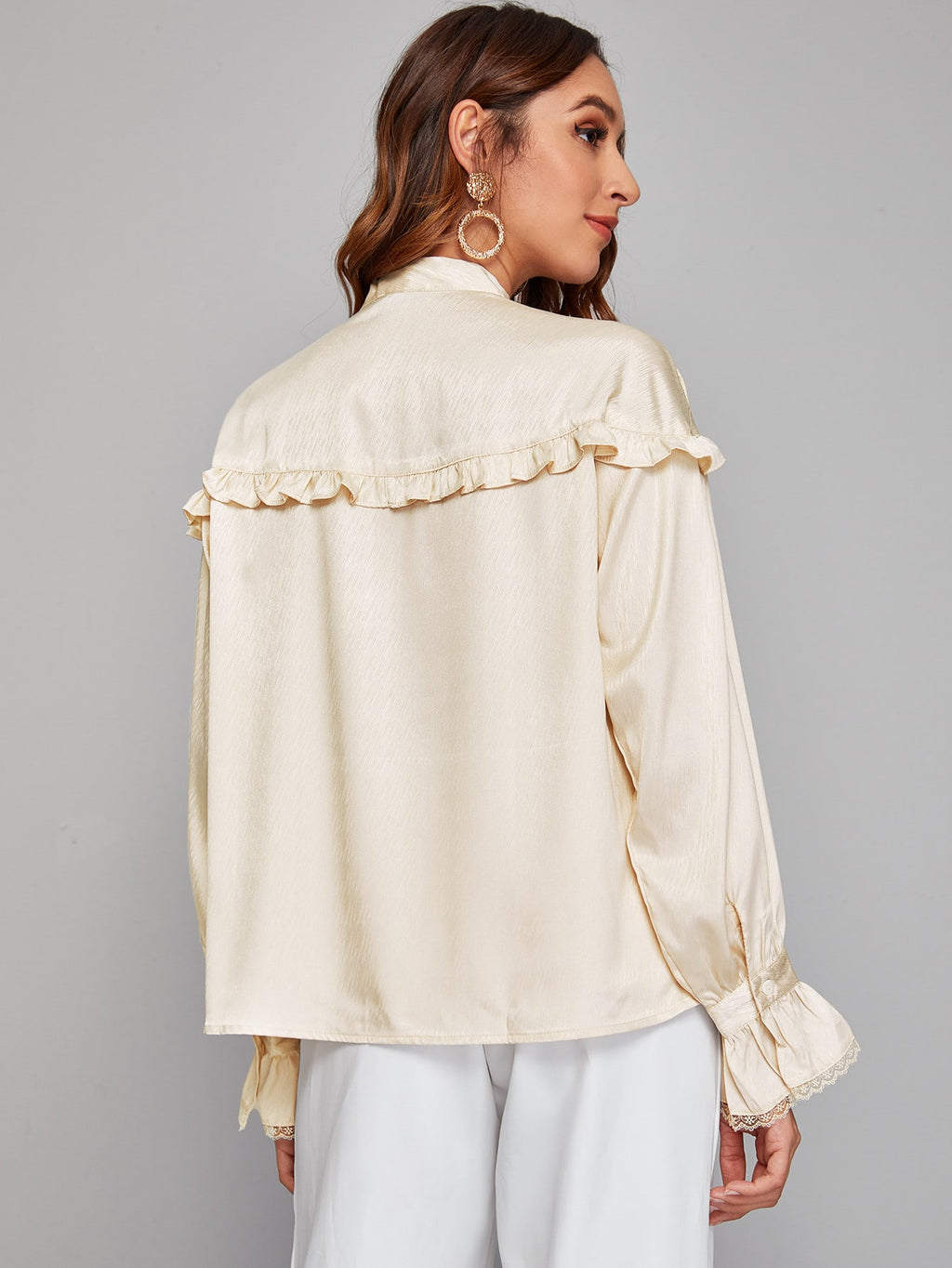 Tie Neck Flounce Sleeve Frill Trim Blouse