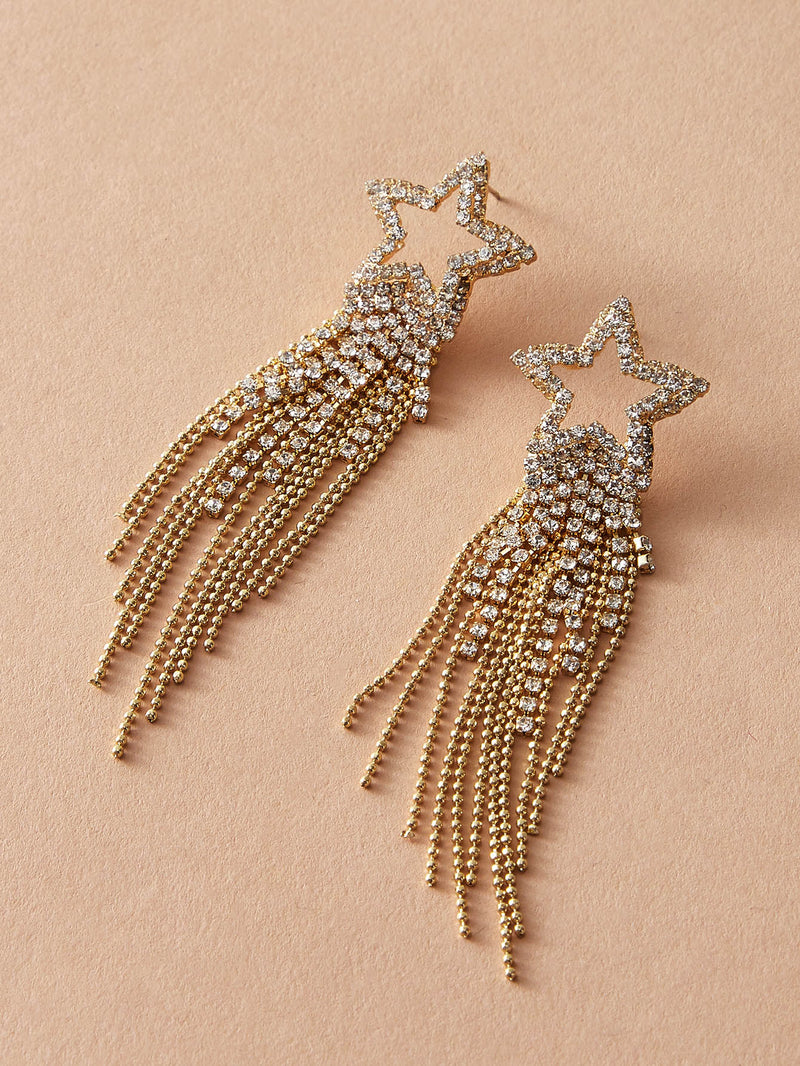 1pair Rhinestone Engraved Star & Tassel Drop Earrings