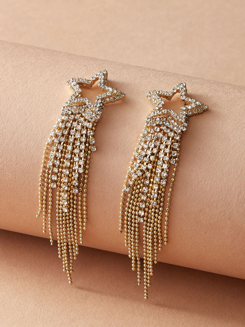 1pair Rhinestone Engraved Star & Tassel Drop Earrings