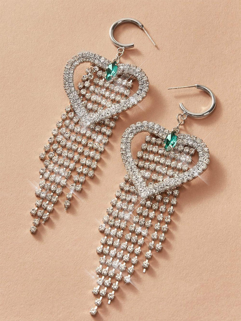 1pair Rhinestone Engraved Heart & Tassel Drop Earrings