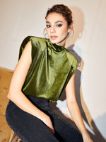 Mock Neck Shoulder Pad Velvet Tank Top