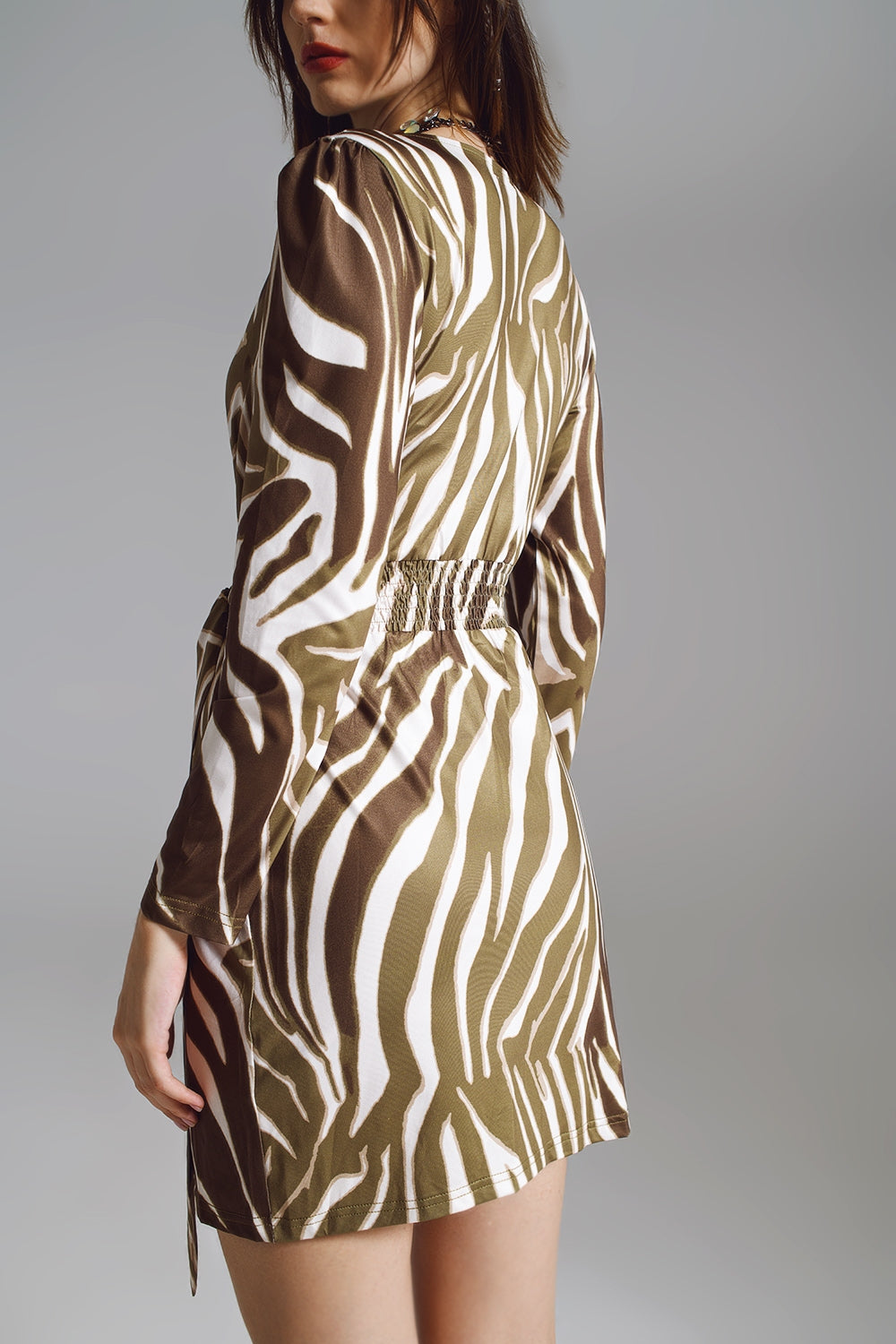 Wrapped Long Sleeve Dress With Belt in Cream and Olive Green Zebra Print