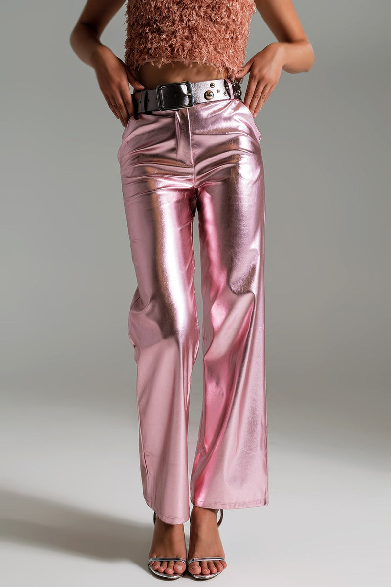 Metallic Straight Leg Pants in Pink