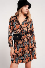 Long Sleeve Button Through Mini Dress in Black Floral