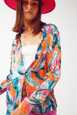 Satin Shirt in Floral Print in Orange