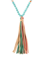 Hdn2238 - Colorful Natural Stone Glass Beads Leather Tassel Necklace