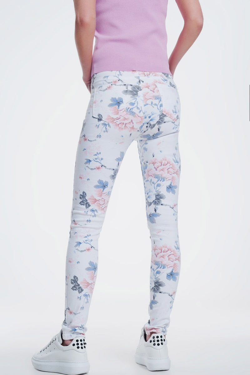 White Skinny Pants With Floral Print