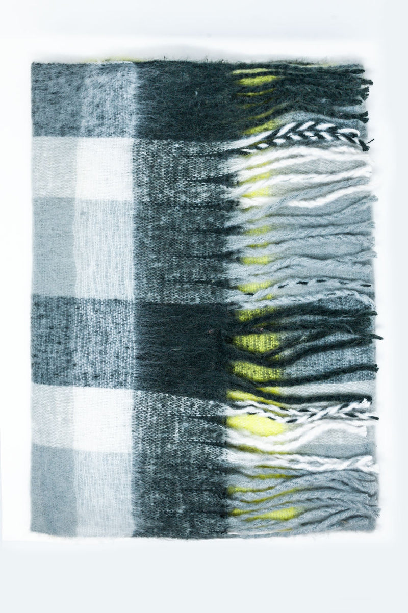 Brushed Fringed Scarf in Grey Check