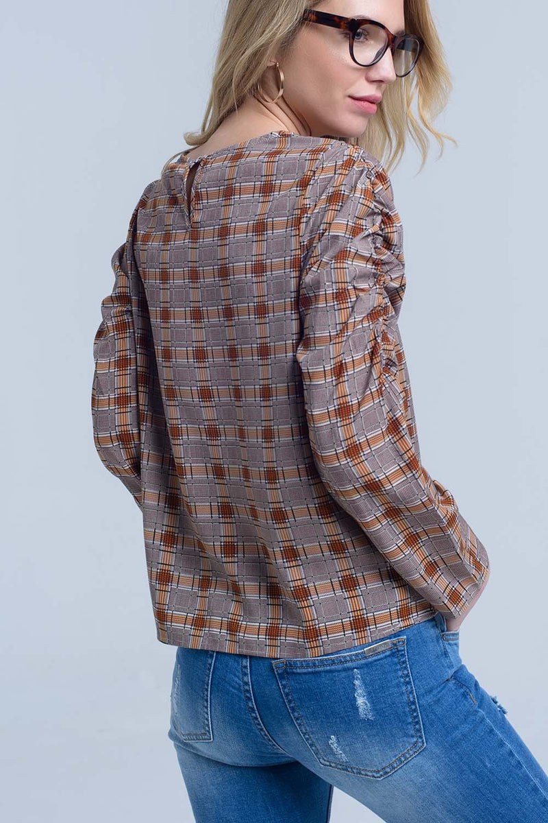 Brown Top With Check Print