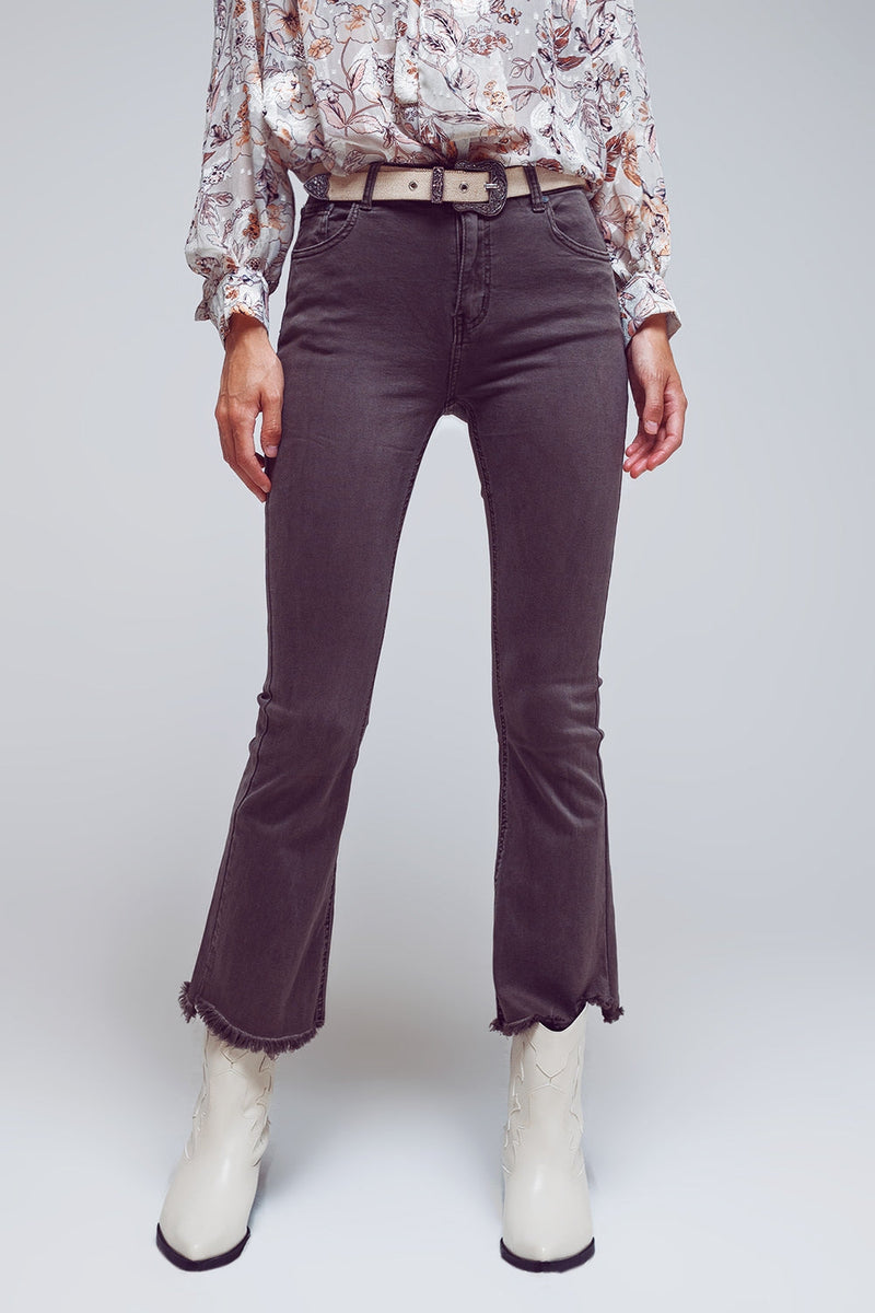 Flare Jeans With Raw Hem Edge in Dark Grey