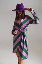 Satin Wrap Dress in Lilac and Green Striped Print