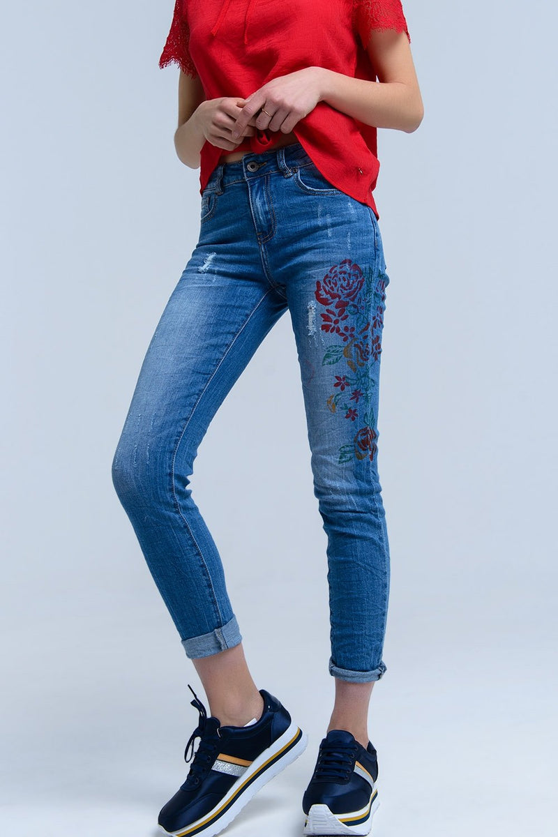 Skinny Jeans With Painted Floral