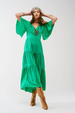 V Neck Maxi Smock Dress in Green