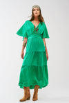 V Neck Maxi Smock Dress in Green