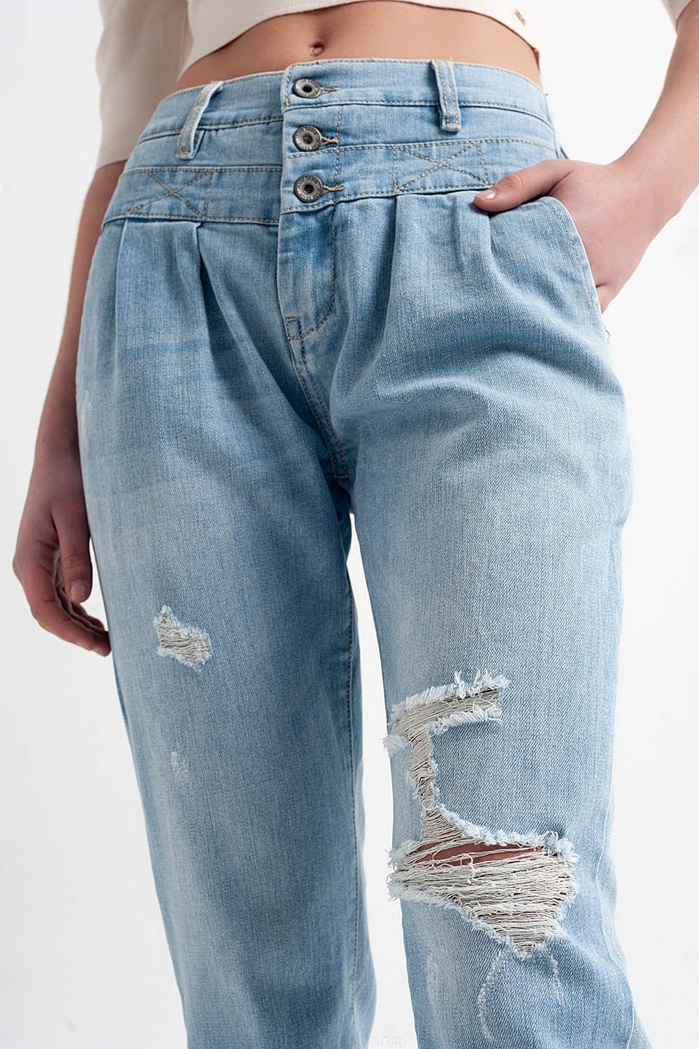 Jean With Double Waistband in Blue With Rips