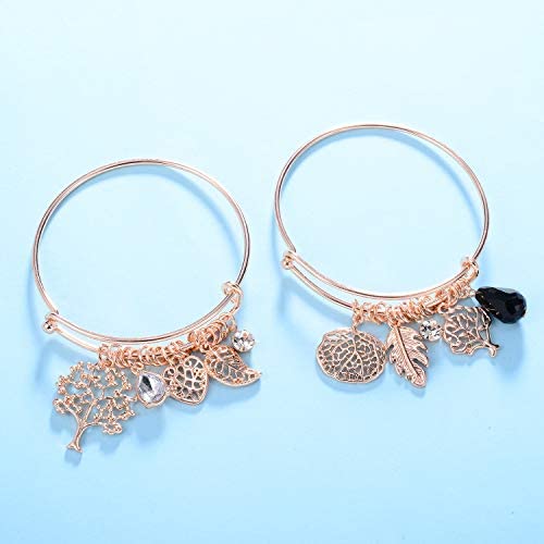 HONGYE 1 Set 2 Pcs Tree of Life Leaves Feather Rhinestone Pendant Bangle Bracelet