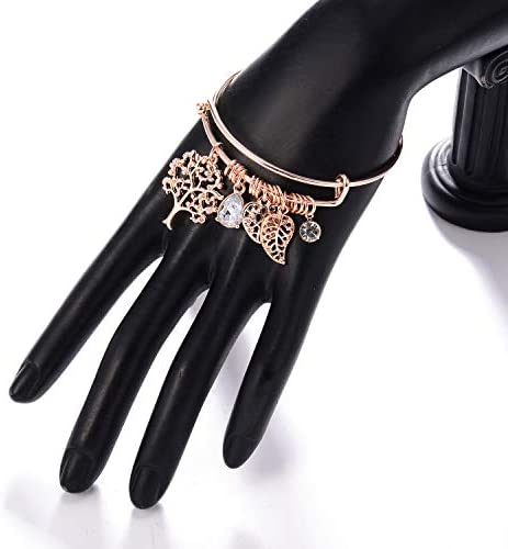 HONGYE 1 Set 2 Pcs Tree of Life Leaves Feather Rhinestone Pendant Bangle Bracelet