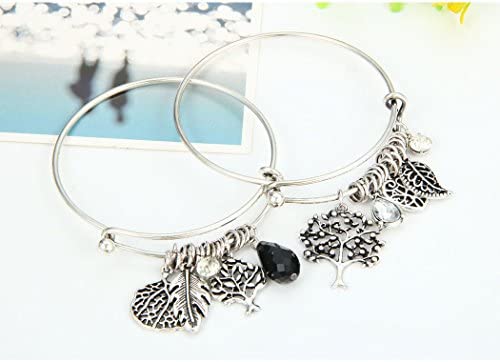 HONGYE 1 Set 2 Pcs Tree of Life Leaves Feather Rhinestone Pendant Bangle Bracelet